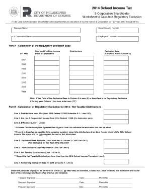 2014 Philadelphia S Corporation Shareholder Worksheet