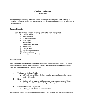 Algebra 1 Syllabus