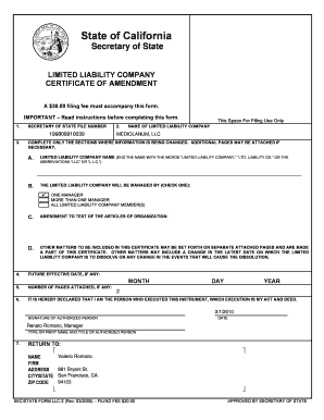 California LLC Certificate of Amendment