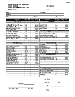 Aloette Cosmetics Supply Order Form