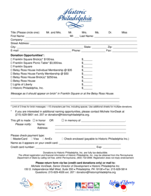 Donation Form for Historic Philadelphia Inc