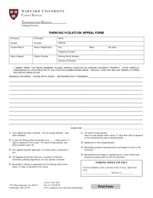 Harvard Parking Violation Appeal Form