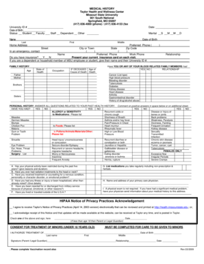 Missouri State University Medical History Form