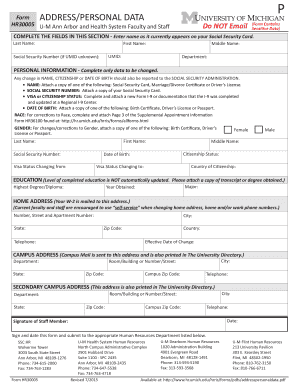 University of Michigan Personal Data Form