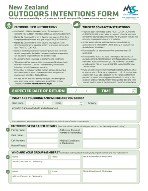 New Zealand Outdoors Intentions Form