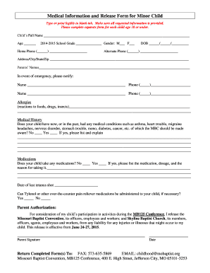 Medical Information and Release Form for Minor Child