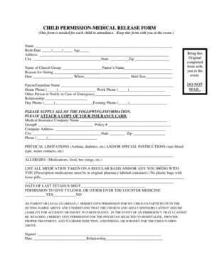 Child Permission-Medical Release Form