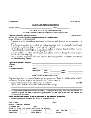 Health and Permission Form for School Trip