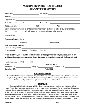 Whole Health Center Patient Intake Form
