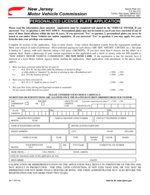 New Jersey Personalized License Plate Application