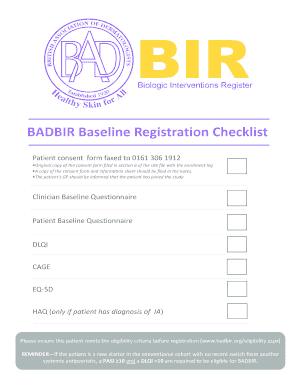 BADBIR Baseline Registration Checklist