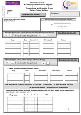 BAD Biologic Interventions Register Follow-Up Form