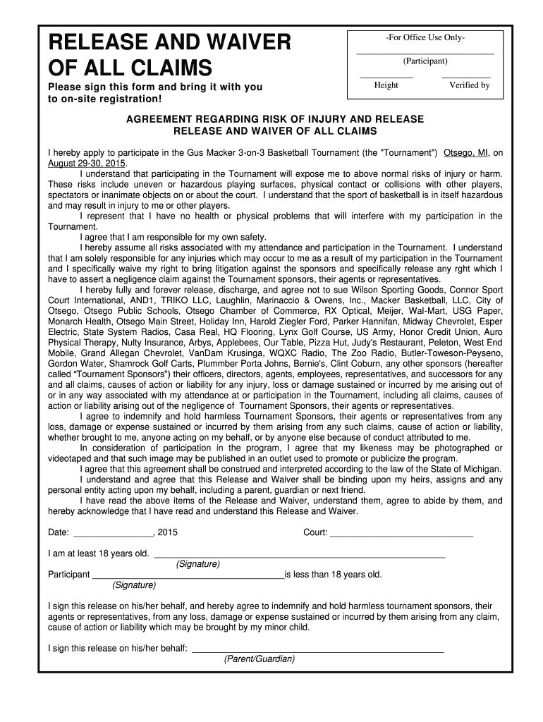 release waiver claims agreement Preview on Page 1