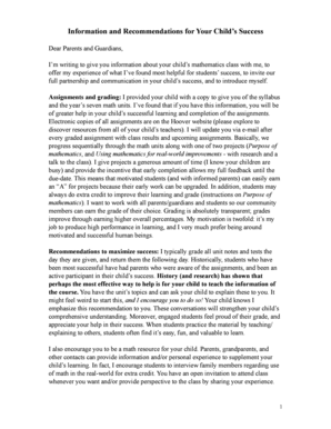 Mathematics Class Parent Guardians Letter