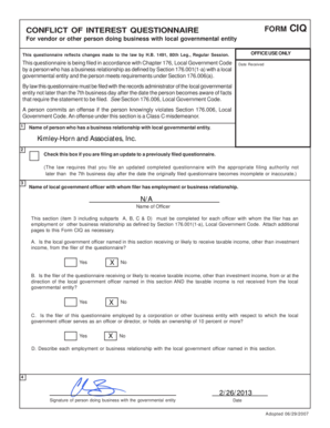 Conflict of Interest Questionnaire Form CIQ