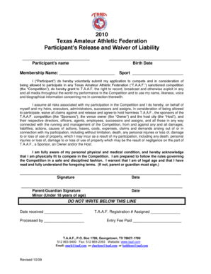 Texas Amateur Athletic Federation Waiver of Liability