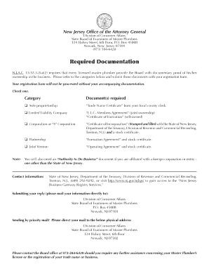 New Jersey Master Plumber Registration Form