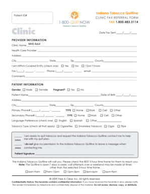 Indiana Tobacco Quitline Clinic Fax Referral Form