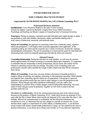 Adult Intake Form for Counseling Services