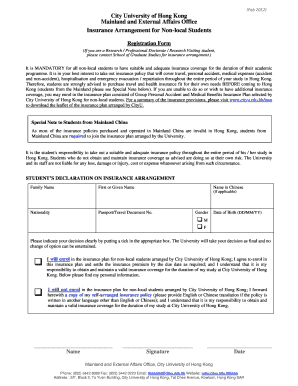 City University of Hong Kong Non-local Student Insurance Registration Form