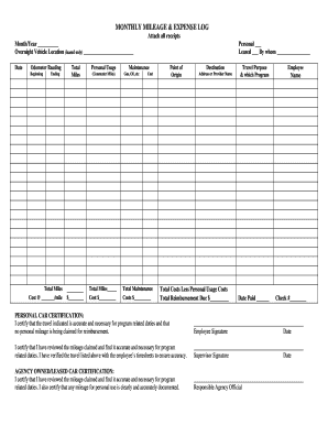 Monthly Mileage and Expense Log