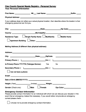 Clay County Special Needs Registry Form