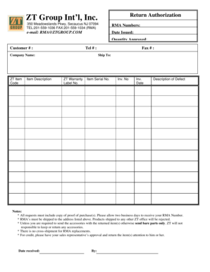 ZT Group Return Authorization Form
