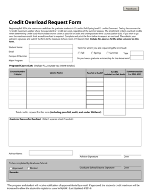 Print Form Credit Overload Request Form Beginning Fall 2014, the maximum credit load for graduate students is 15 credits (Fall/Spring) and 12 credits (Summer) - grad wisc