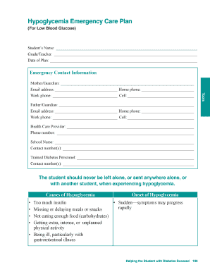 Hypoglycemia Emergency Care Plan