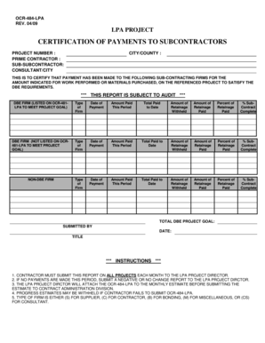 Certification of Payments to Subcontractors
