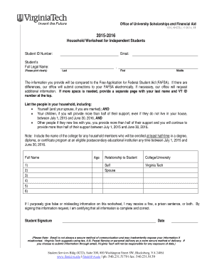 Household Worksheet for Independent Students