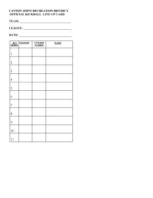 Canton Joint Recreation District Kickball Line-Up Card
