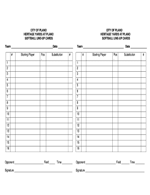 Heritage Yards Softball Line-Up Cards