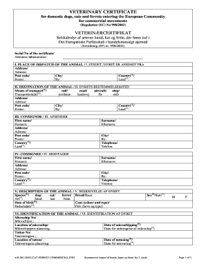 Veterinary Certificate for EU Dog Cat Ferret Commercial Import