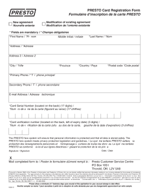 PRESTO Card Registration Form