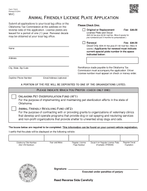 Oklahoma Animal Friendly License Plate Application