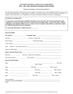 University Student and Faculty Apartments Household Information Form