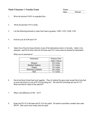 Math 6 Semester 1 Practice Exam