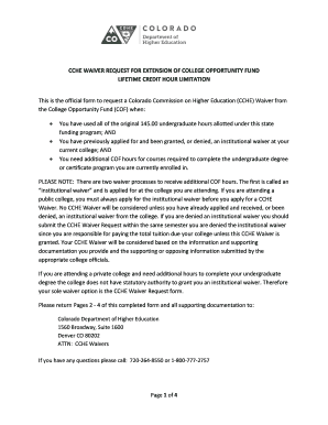 CCHE Waiver Request for College Opportunity Fund