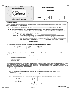 MESA Follow-up Phone Call Form