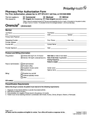 Pharmacy Prior Authorization Form for Orencia