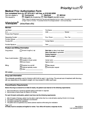 Medical Prior Authorization Form for Vimizim