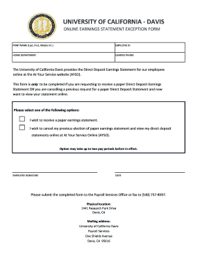 University of California Davis Earnings Statement Exception Form