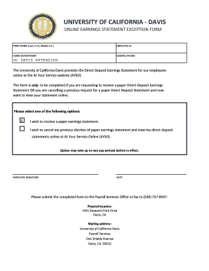 University of California Davis Earnings Statement Exception Form