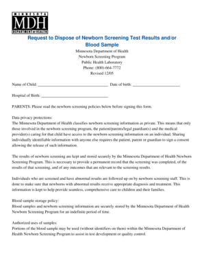 Minnesota Newborn Screening Test Results Disposal Request