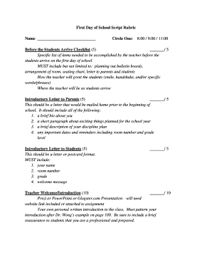 First Day of School Script Rubric