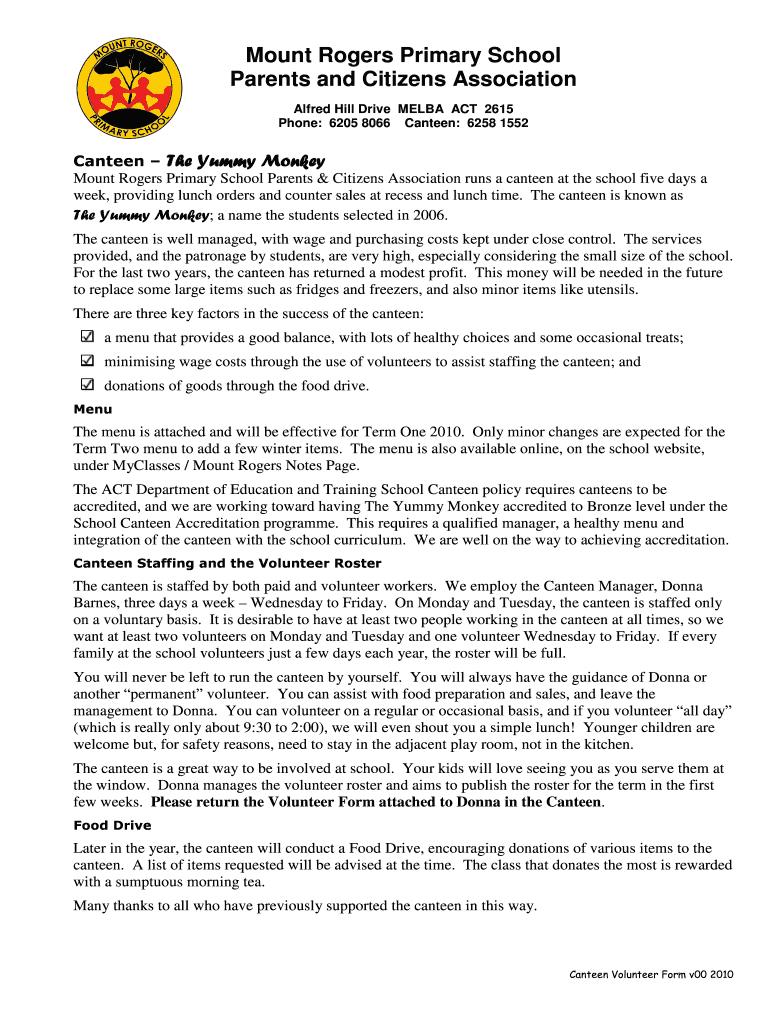 Fillable Online mtrogers act edu Canteen Volunteer Form v00 2010