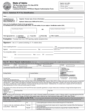 Idaho Combined Substitute W9/Direct Deposit Authorization Form