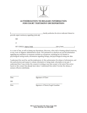 Authorization to Release Information for Court Testimony