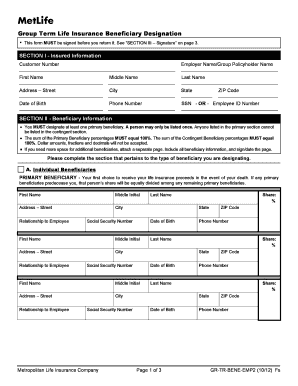Group Term Life Insurance Beneficiary Designation